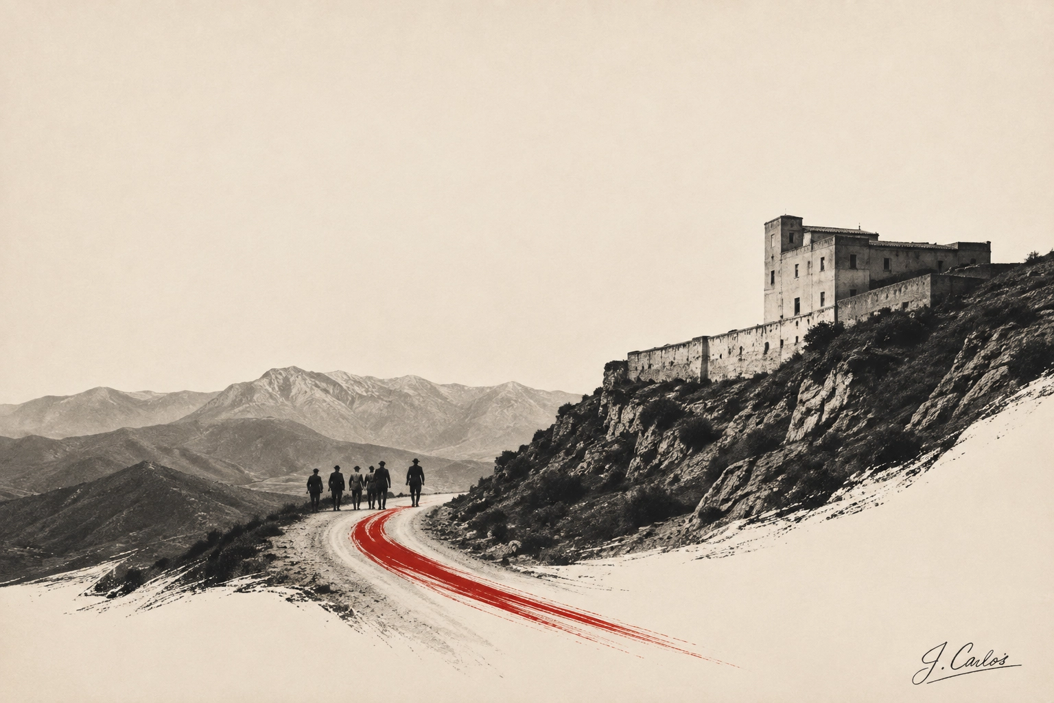 Pôster artístico inspirado no filme Inglourious Basterds, mostrando um grupo de soldados caminhando por uma estrada montanhosa em direção a uma fortaleza, com um rastro de sangue na estrada.