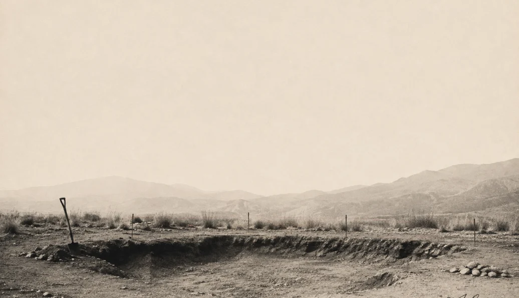 Uma fotografia em tons de sépia mostrando uma cova ou buraco escavado no solo árido, com uma pá fincada ao lado e montanhas ao fundo.