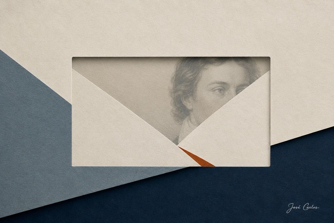unknown: Uma composição artística minimalista com recortes de papel geométricos revelando parte de um retrato clássico em tons de cinza.