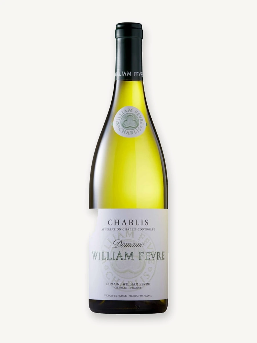 Uma garrafa de vinho branco Chablis do produtor Domaine William Fèvre.