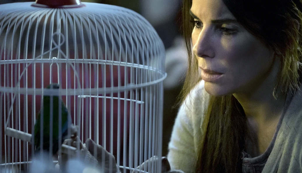 Sandra Bullock: Uma mulher observa atentamente um pássaro dentro de uma gaiola branca. Cena do filme Bird Box.