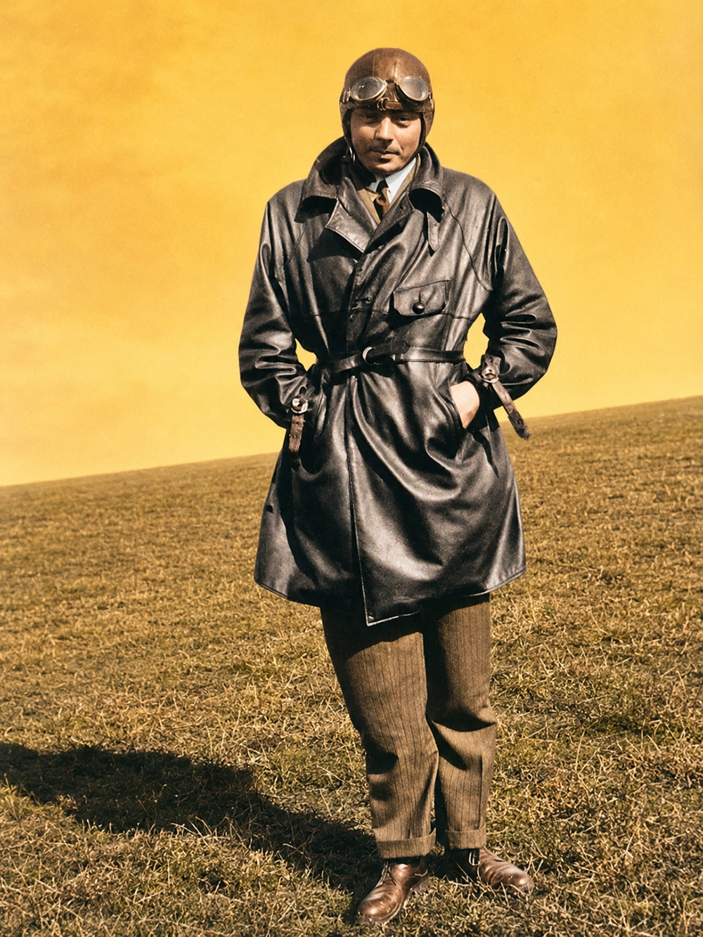 Antoine de Saint-Exupéry: Retrato colorido artificialmente do escritor e aviador Antoine de Saint-Exupéry vestindo trajes de voo, incluindo um sobretudo de couro e capacete com óculos.