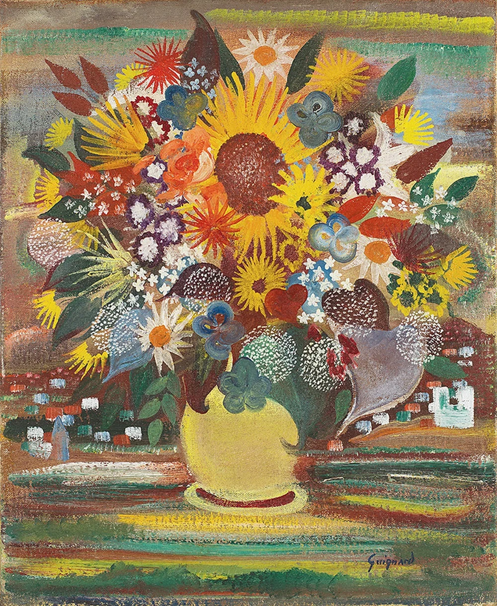 Pintura a óleo de um vaso com flores coloridas, assinada por Guignard.