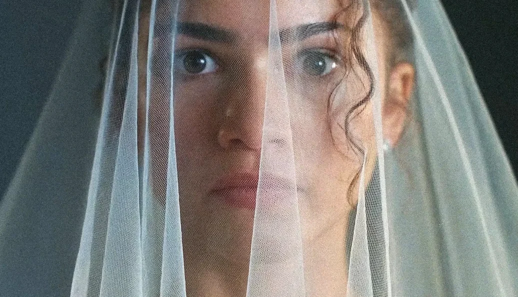 Zendaya: Close-up do rosto de uma mulher coberto por um véu branco translúcido, focado intensamente em seus olhos.