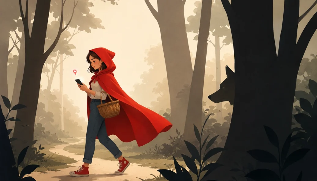 Ilustração digital da Chapeuzinho Vermelho moderna usando um smartphone em uma floresta, com um lobo escondido atrás de uma árvore.
