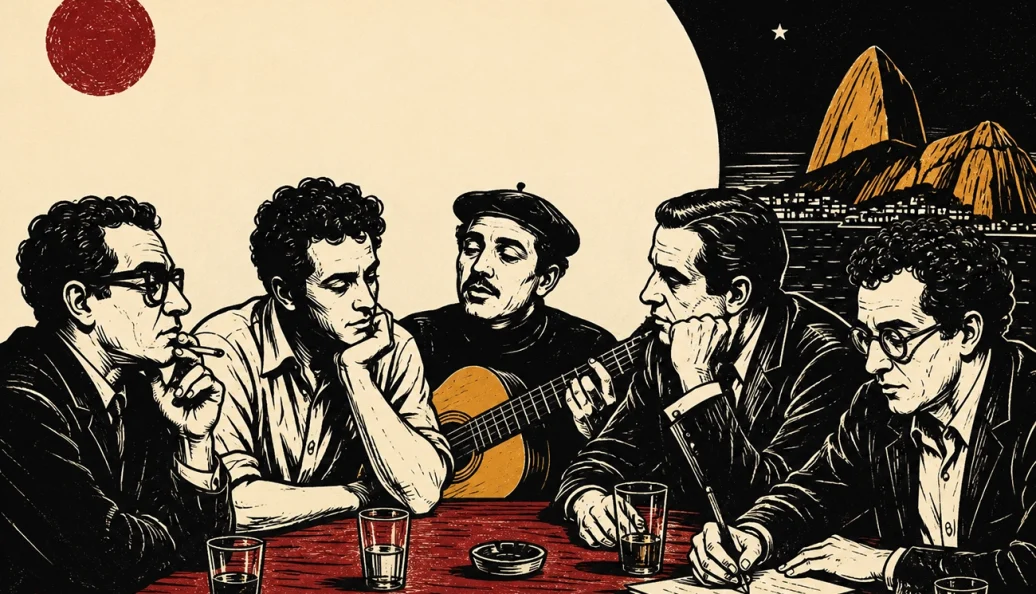 Ilustração em estilo xilogravura representando figuras icônicas da Bossa Nova e literatura brasileira (como Tom Jobim, Vinícius de Moraes e João Gilberto) em uma mesa de bar com o Pão de Açúcar ao fundo.