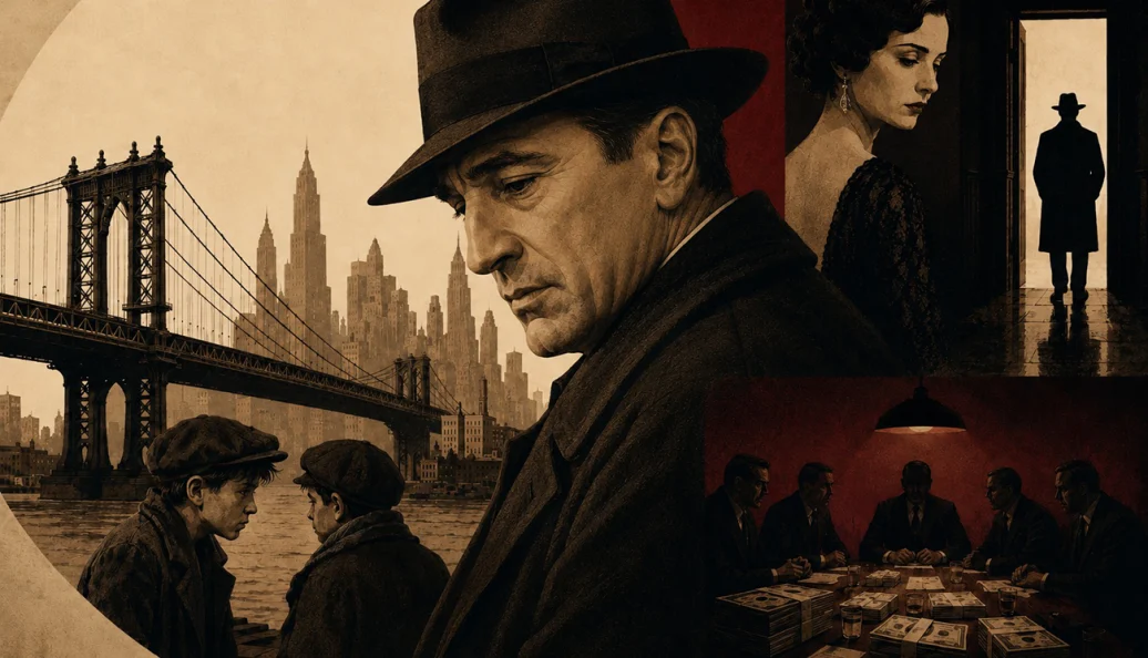 Robert De Niro: Pôster artístico ou ilustração promocional do filme 'Era uma Vez na América' com colagem de cenas e personagens.