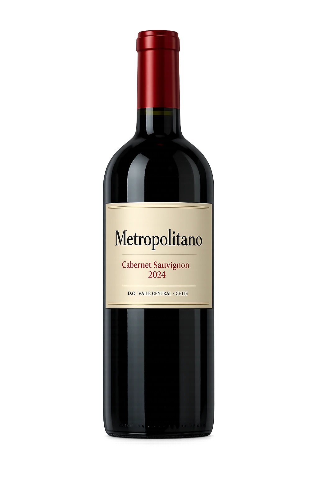 Uma garrafa de vinho tinto Metropolitano Cabernet Sauvignon 2024 sobre um fundo preto.
