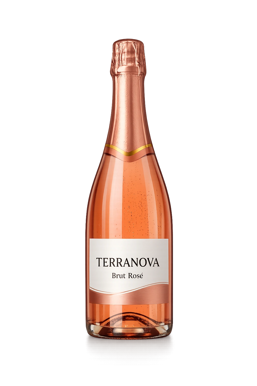 Uma garrafa de espumante Terranova Brut Rosé em fundo preto.