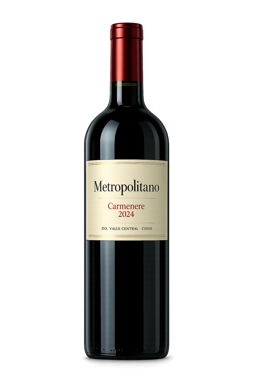 Uma garrafa de vinho tinto da marca Metropolitano, variedade Carmenere 2024, do Valle Central, Chile, com fundo preto.