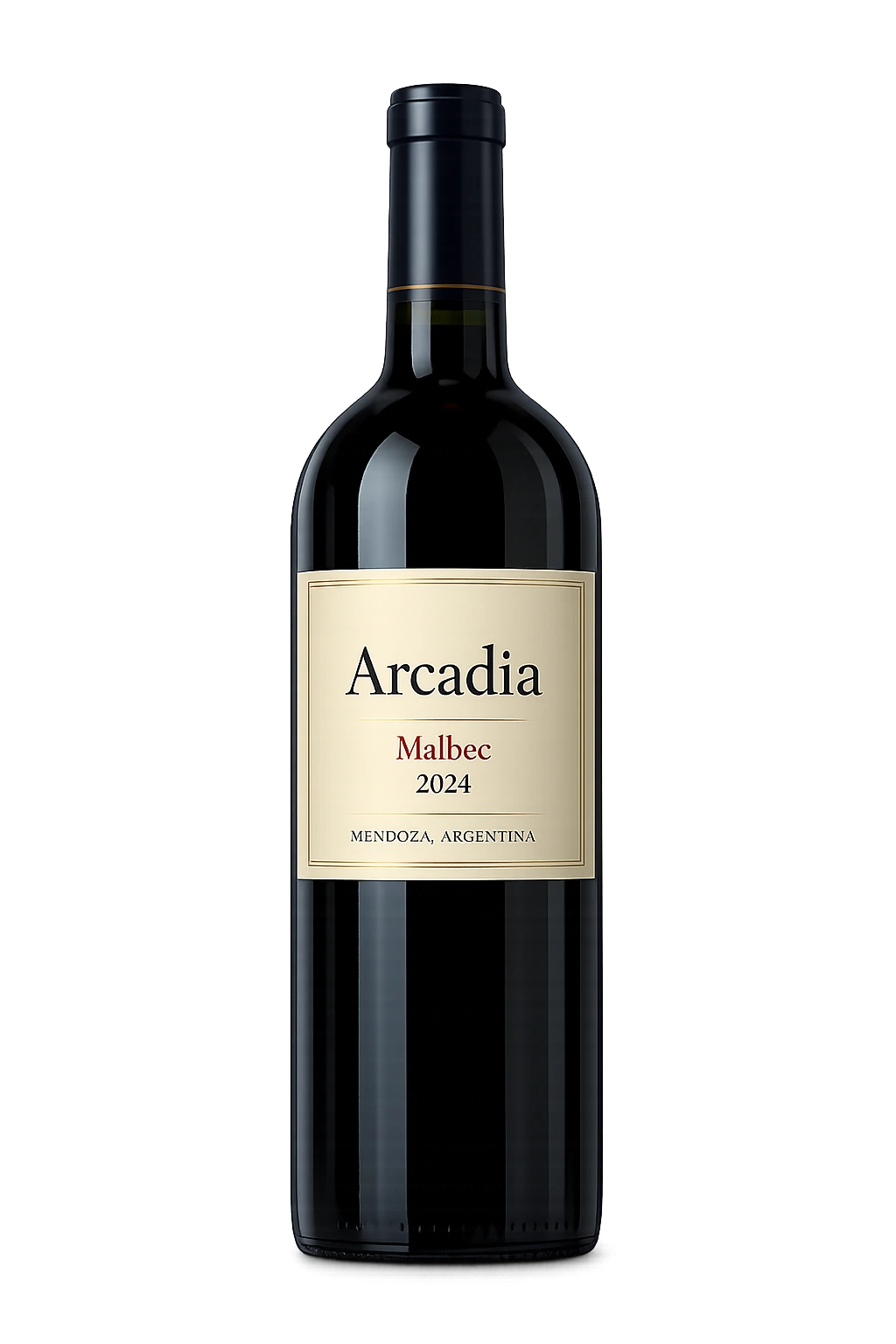 A studio photography of a wine bottle labeled Arcadia Malbec 2024 from Mendoza, Argentina, against a solid black background.