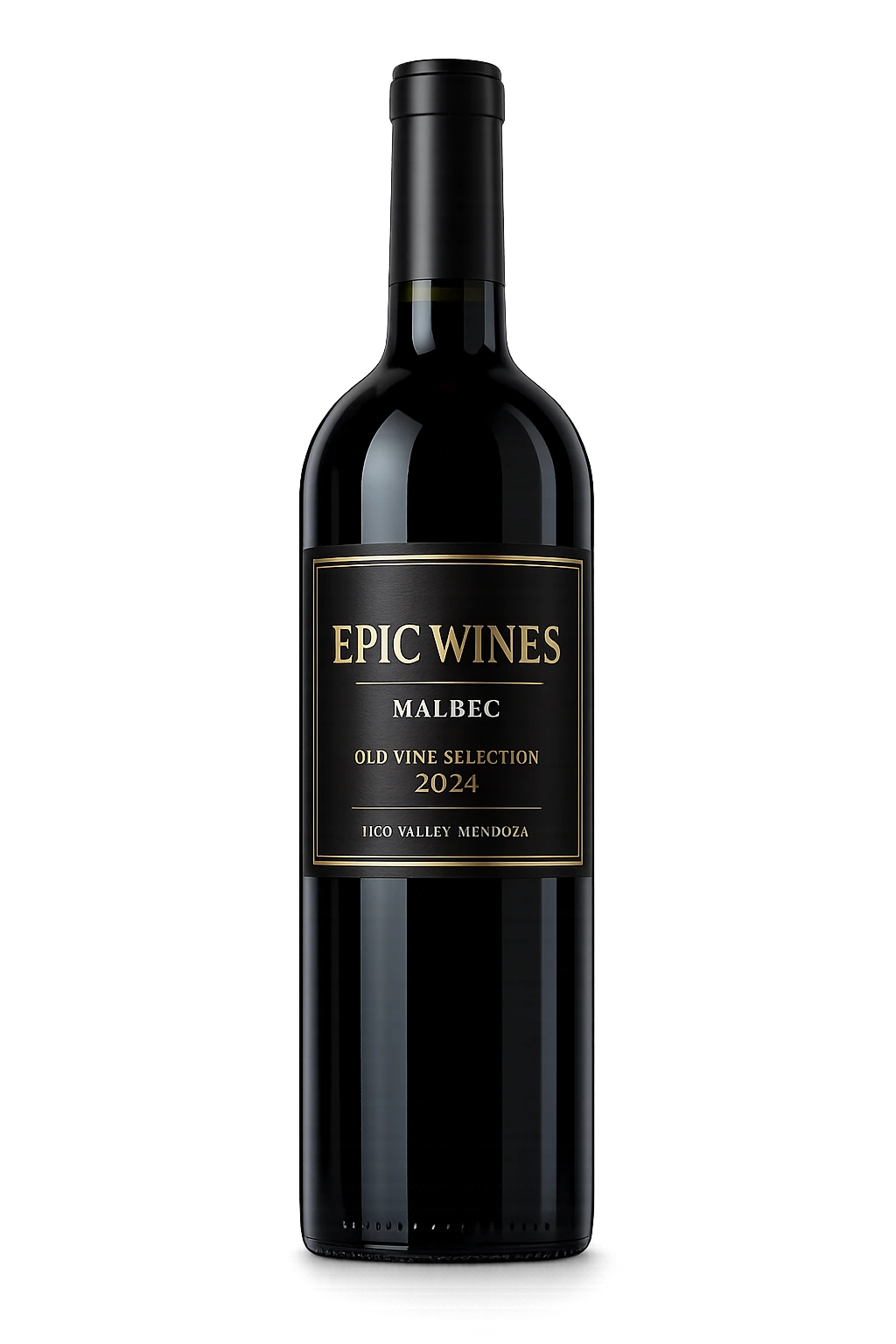 Uma garrafa de vinho tinto Epic Wines Malbec 2024 em fundo preto.