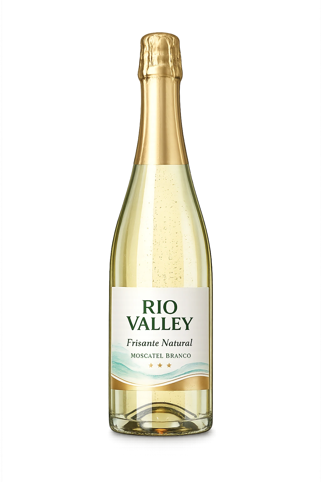 Uma garrafa de espumante frisante natural Rio Valley Moscatel Branco com fundo preto.