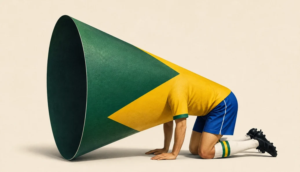 Uma imagem surrealista de um jogador de futebol com o uniforme da seleção brasileira cuja cabeça e tronco se transformam em um grande cone verde e amarelo.