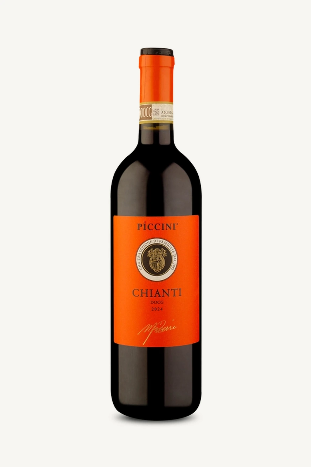 Uma garrafa de vinho tinto italiano Piccini Chianti com rótulo laranja em fundo branco.