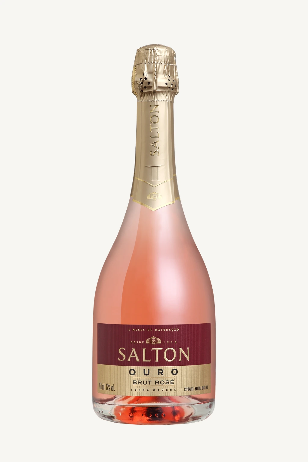 Uma garrafa de espumante Salton Ouro Brut Rosé contra um fundo branco