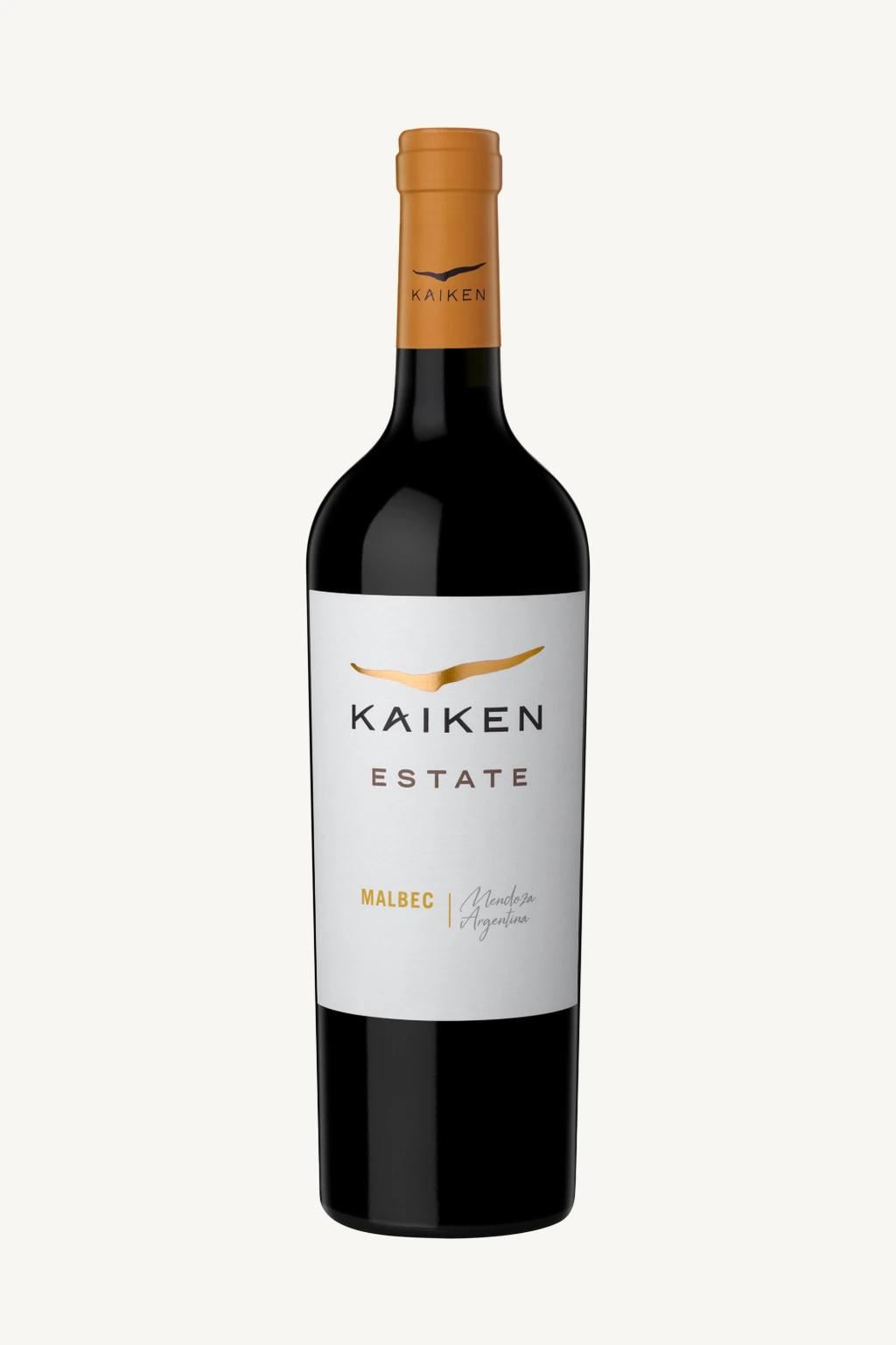 Uma garrafa de vinho tinto Kaiken Estate Malbec de Mendoza, Argentina, com fundo branco.