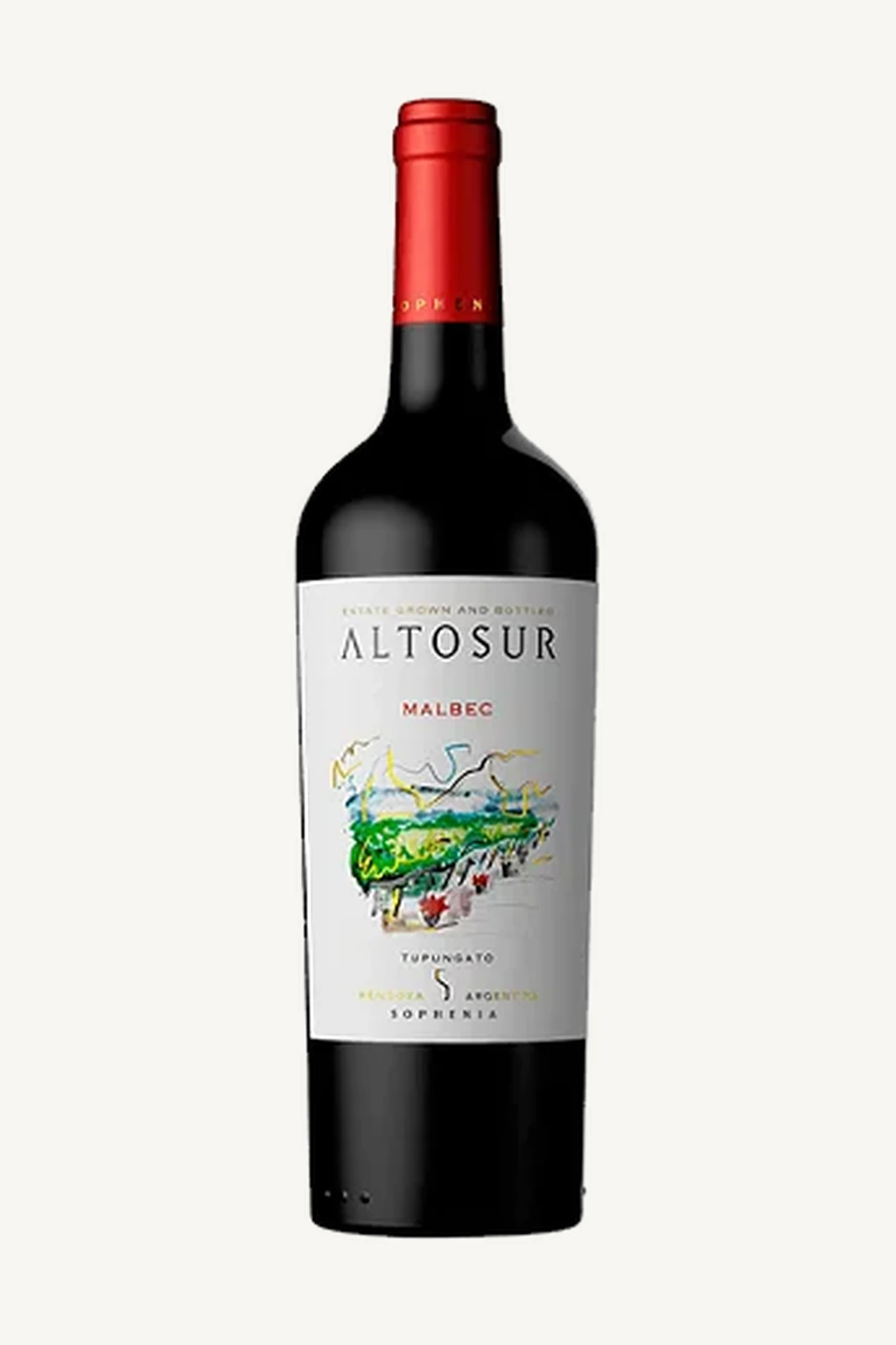 Uma garrafa de vinho tinto Altosur Malbec com rótulo branco e detalhes coloridos.