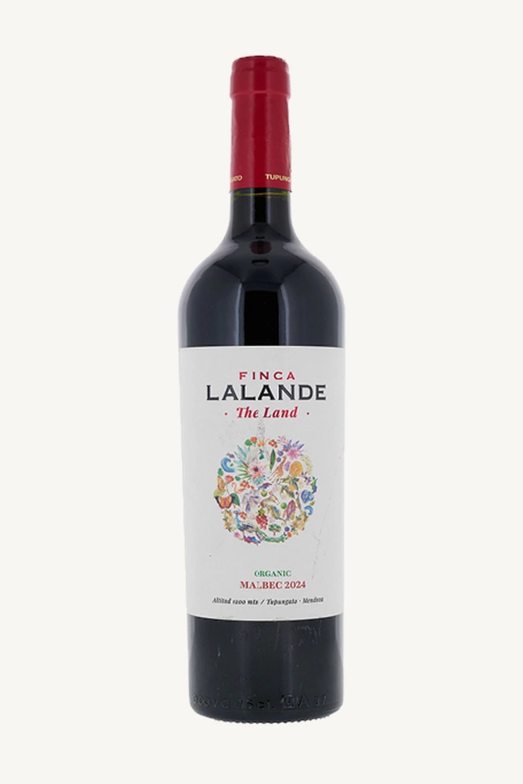 Uma garrafa de vinho tinto Finca Lalande Malbec 2024 com rótulo branco e detalhes coloridos.