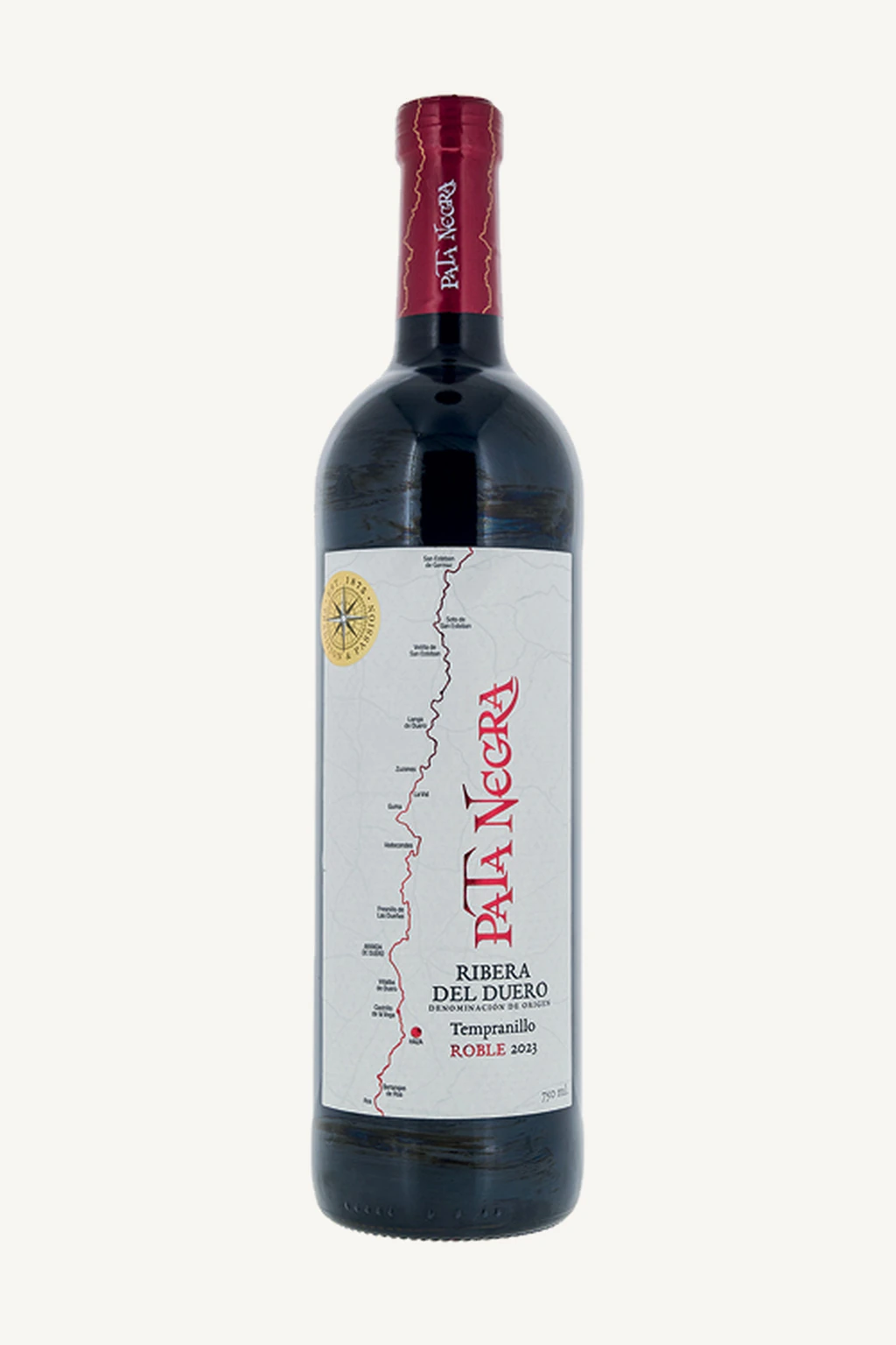 Uma garrafa de vinho tinto da marca Pata Negra, variedade Tempranillo Roble 2023, da região Ribera del Duero.