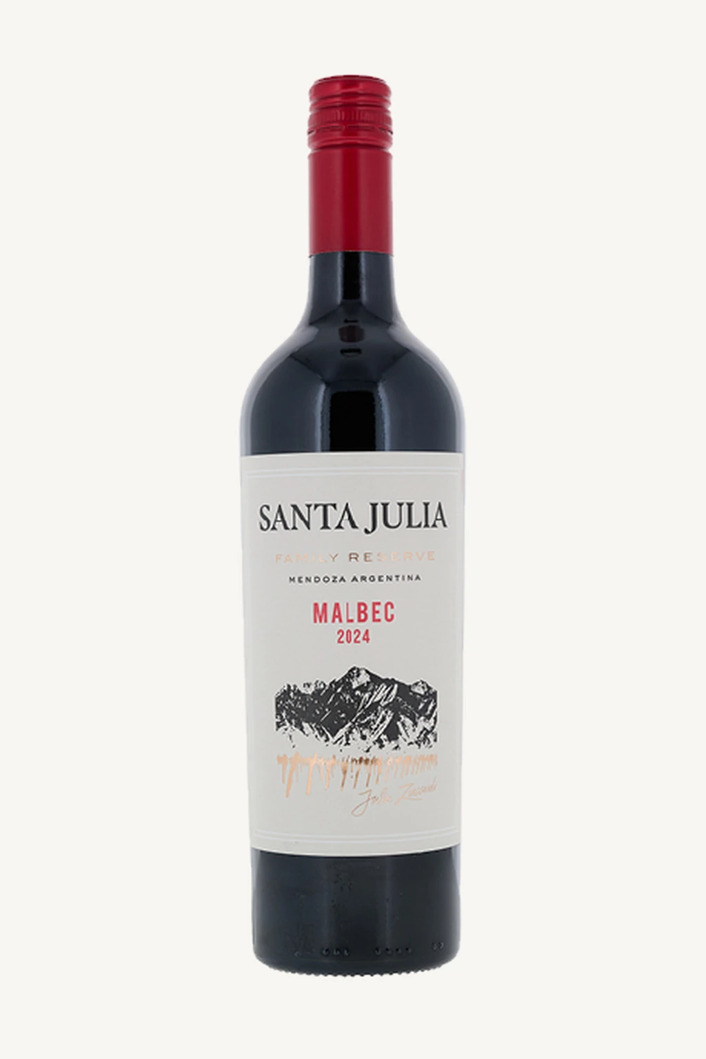 Uma garrafa de vinho tinto Santa Julia Family Reserve Malbec 2024 de Mendoza, Argentina.