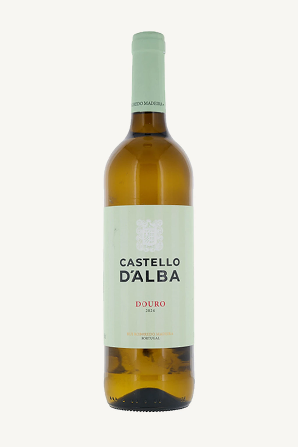 Uma garrafa de vinho branco Castello D'Alba Douro 2024 sobre fundo branco.