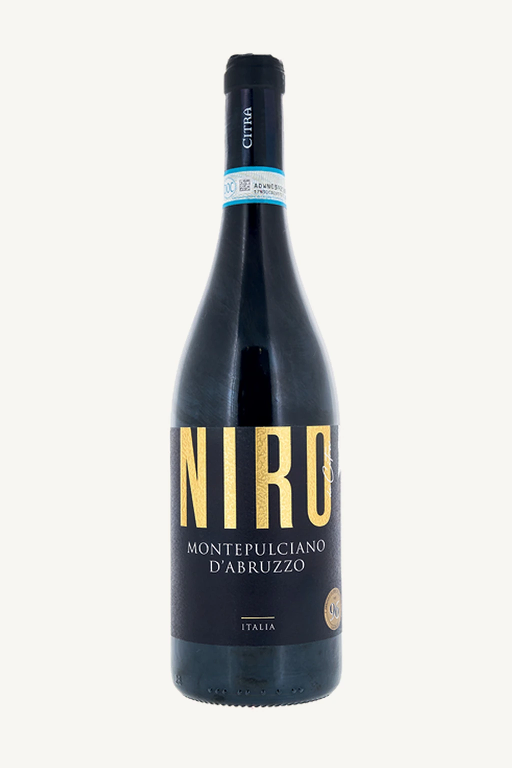Uma garrafa de vinho tinto Niro Montepulciano d'Abruzzo da marca Citra, com rótulo preto e dourado.