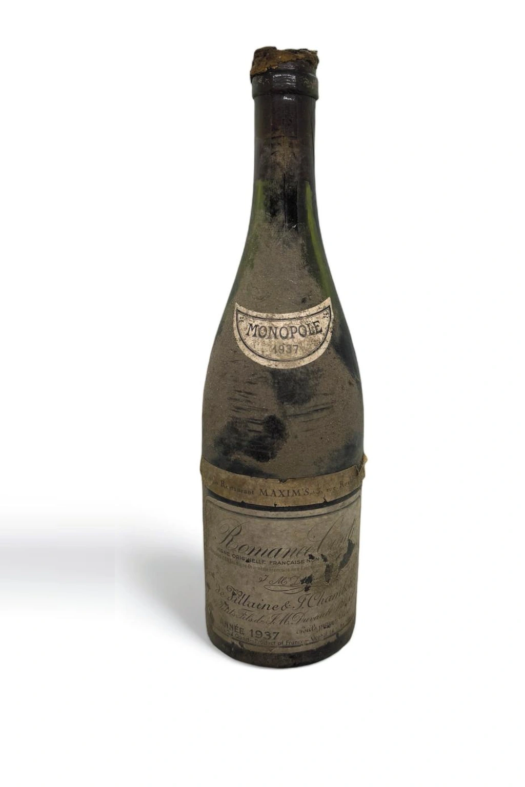 null: Uma garrafa antiga e empoeirada de vinho tinto Domaine de la Romanée-Conti, safra 1937, com rótulo do restaurante Maxim's.