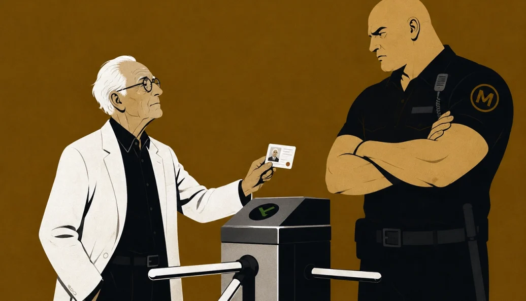 Tira de quadrinhos: Uma ilustração de um homem idoso mostrando um cartão de identificação para um segurança alto e musculoso em uma catraca.
