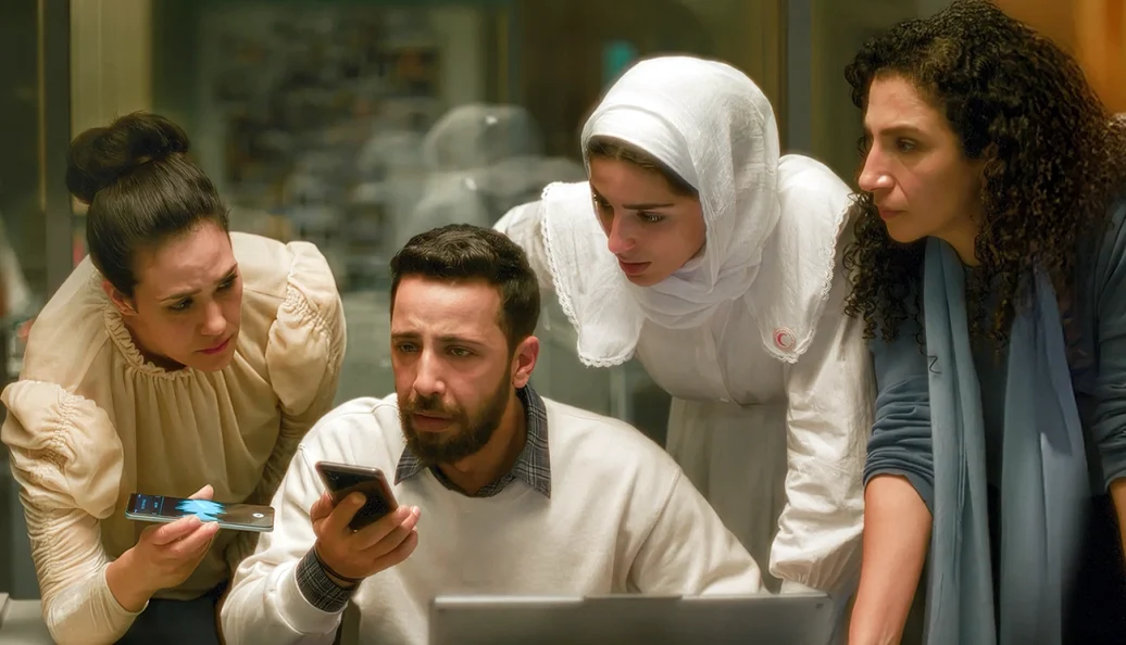 Ator Moayad Abd El-Samad (ao centro): Quatro pessoas com expressões de preocupação e tensão olham atentamente para a tela de um laptop e um celular em um ambiente interno.