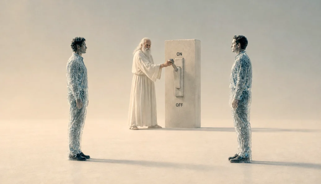 Oscar Isaac: Cena de cinema com uma figura de aparência divina operando um interruptor gigante entre dois homens envoltos em plástico.