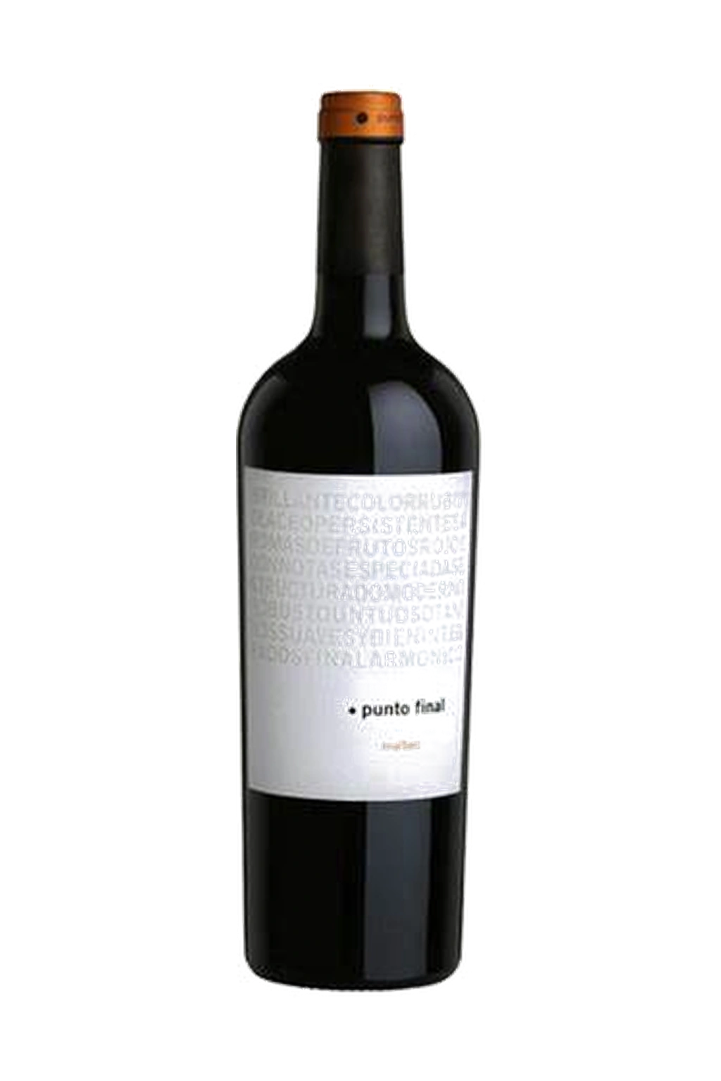Uma garrafa de vinho tinto com rótulo prateado contendo texto estilizado, fundo preto.