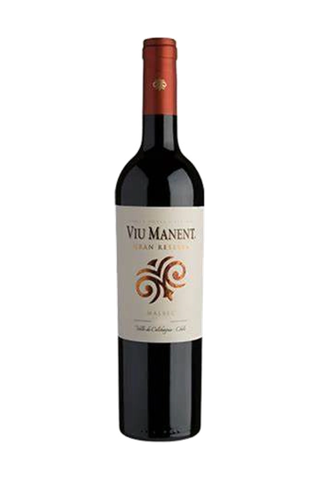 Uma garrafa de vinho tinto chileno da marca Viu Manent, linha Gran Reserva Malbec, com rótulo branco e detalhes em cobre sobre fundo preto.