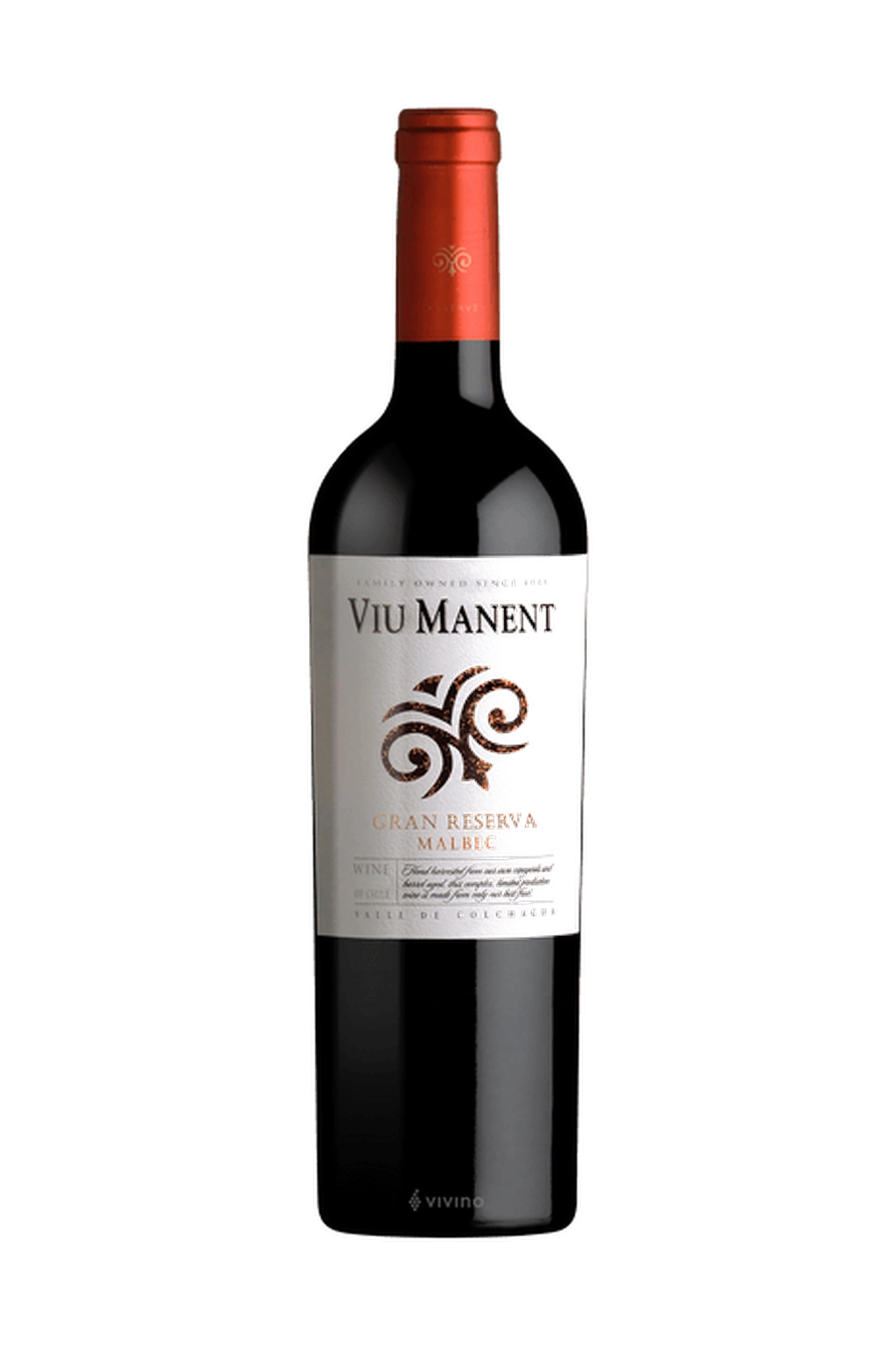 Uma garrafa de vinho tinto da marca Viu Manent, Gran Reserva Malbec, com fundo preto.