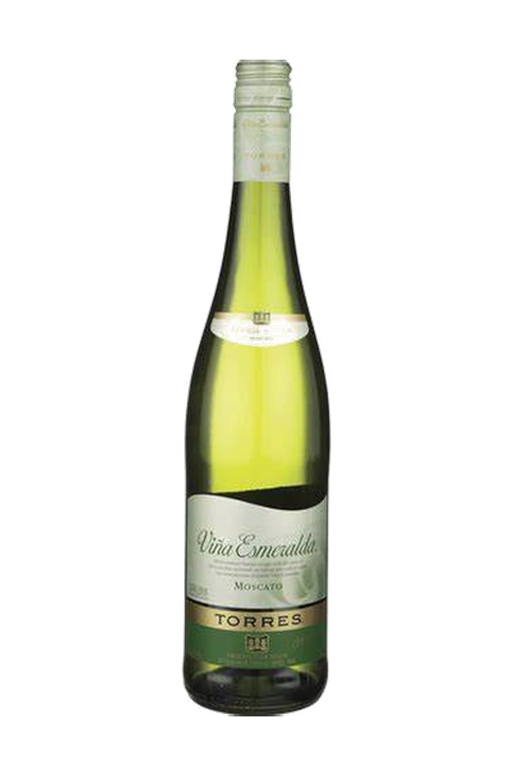 Uma garrafa de vinho branco Viña Esmeralda Moscato da marca Torres