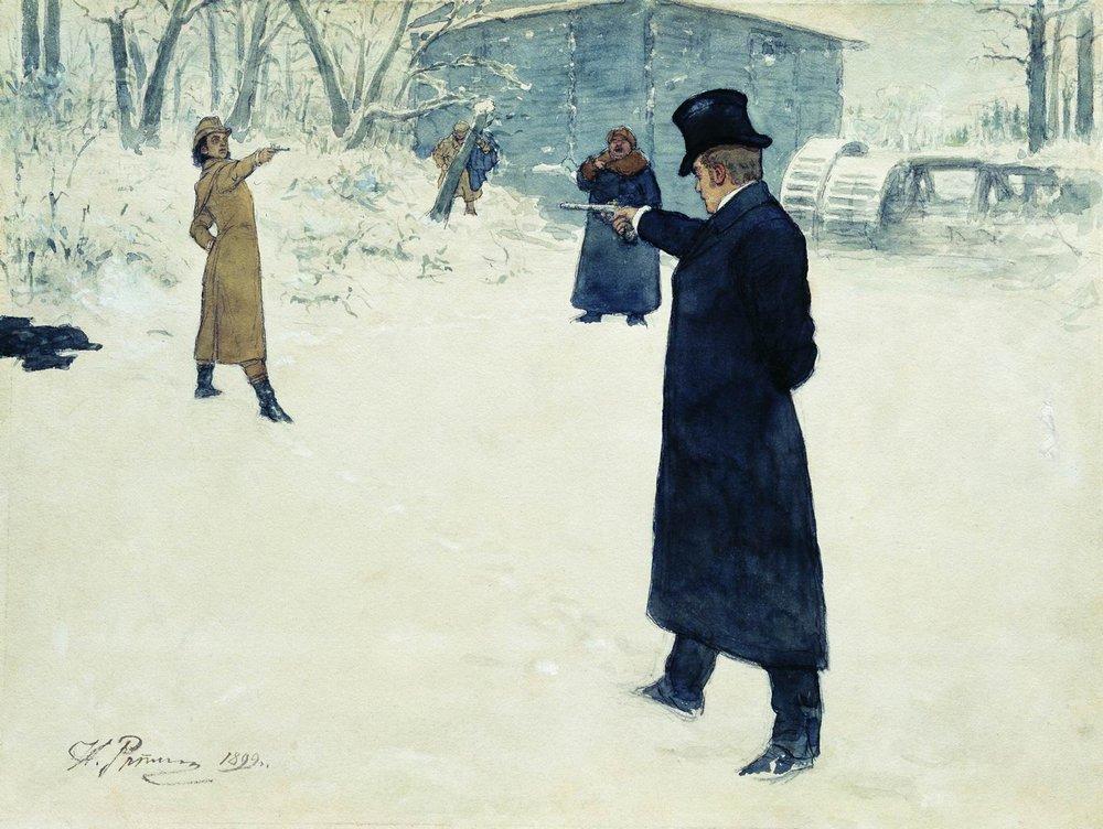 O duelo de Oneguin e Lensky, gravura de Ilya Yefimovich Repin, 1898