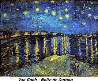 Reprodução da pintura 'A Noite Estrelada Sobre o Ródano' de Vincent van Gogh com legenda em português.