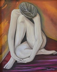 Pintura de uma figura humana nua e curvada sobre si mesma.