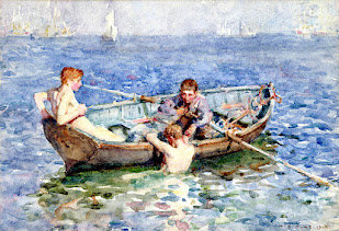 Pintura em aquarela retratando pessoas em um pequeno barco a remo no mar.