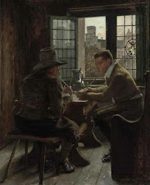 Uma pintura a óleo retratando dois homens conversando em uma taverna ou estalagem antiga junto a uma janela.