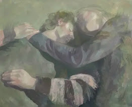 Pintura artística em tons pastéis representando o abraço entre dois homens.