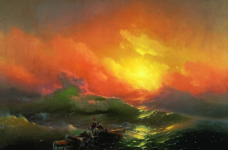 Pintura a óleo 'A Nona Onda' de Ivan Aivazovsky, mostrando náufragos em um mar agitado sob um céu de amanhecer vibrante.