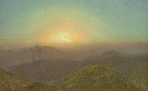 Ivan Aivazovsky: Pintura de uma paisagem montanhosa ao pôr do sol com tons suaves de amarelo e verde.