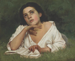 William-Adolphe Bouguereau (obra): Pintura realista de um jovem deitado na grama com um livro aberto, olhando para cima em reflexão.
