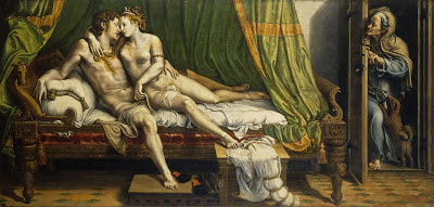 Marte e Vênus: Pintura renascentista de um casal em uma cama sendo observado por uma mulher idosa à porta.