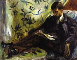 Auguste Renoir (atribuído): Pintura impressionista de um homem sentado lendo, possivelmente um autorretrato ou retrato de artista.