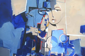 Pintura abstrata de estilo cubista em tons de azul e bege representando figuras humanas estilizadas.