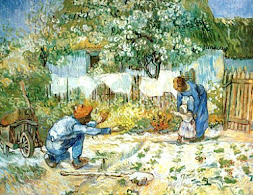 Pintura a óleo 'First Steps, after Millet' de Vincent van Gogh, retratando um camponês incentivando uma criança a caminhar em direção a ele em um jardim.