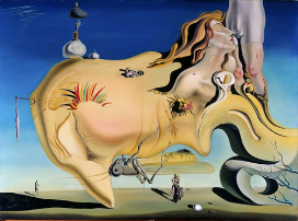 Pintura surrealista 'O Grande Masturbador' de Salvador Dalí, apresentando formas orgânicas distorcidas e elementos oníricos.