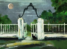 Pintura digital de um gato preto observando um portão branco sob o luar.